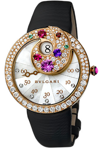 Bvlgari Berries Watch - 40 mm Yellow Gold Case - Diamond And Colored Gemstone Bezel - White Mother-Of-Pearl Dial - Black Satin Strap