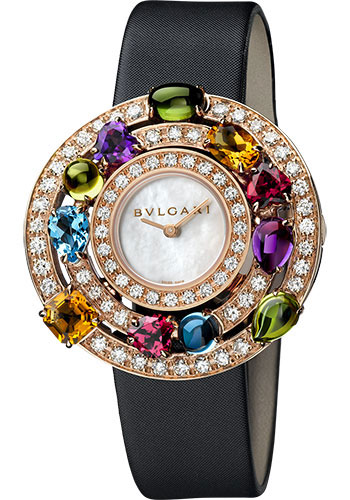 Bvlgari Cerchi Watch - 36 mm Rose Gold Case - White Mother-Of-Pearl Dial - Black Satin Strap