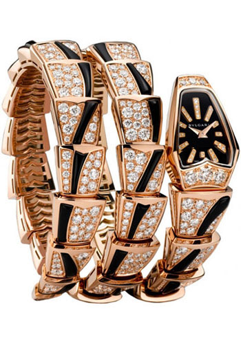 Bvlgari Serpenti Watch - 26 mm Pink Gold Case - Black Sapphire Dial - Pink Gold And Onyx Double Twirl Pave Diamond  Scaglie Bracelet
