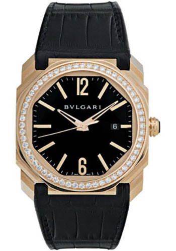 Bvlgari Octo Watch - 41.5 x 47.4 mm Pink Gold Case - Diamond Bezel - Black Dial - Black Alligator Strap