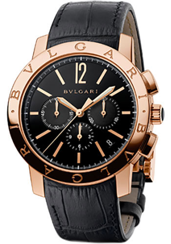 Bvlgari Bulgari Bulgari Chronograph Watch - 41 mm Pink Gold Case - Black Dial - Black Alligator Strap