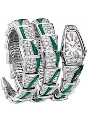 Bvlgari Serpenti Watch - 26 mm White Gold Case - Mother-Of-Pearl Dial -  White Gold And Agate Double Twirl Diamond Scaglie Bracelet