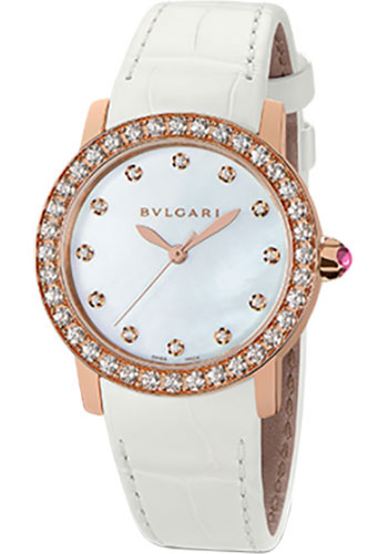 Bvlgari Bulgari Bulgari Watch - 33 mm Pink Gold Case - Diamond Bezel - White Mother-Of-Pearl Dial - White Alligator Strap
