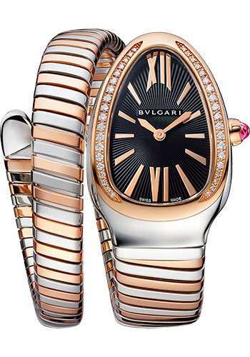Bvlgari Serpenti Tubogas Watch - 35 mm Stainless Steel Case - Rose Gold Diamond Bezel - Black Dial - Tubogas Single Spiral Steel And Gold Bracelet