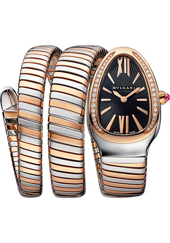 Bvlgari Serpenti Tubogas Watch - 35 mm Stainless Steel Case - Rose Gold Diamond Bezel - Black Dial - Tubogas Double Spiral Steel And Gold Bracelet