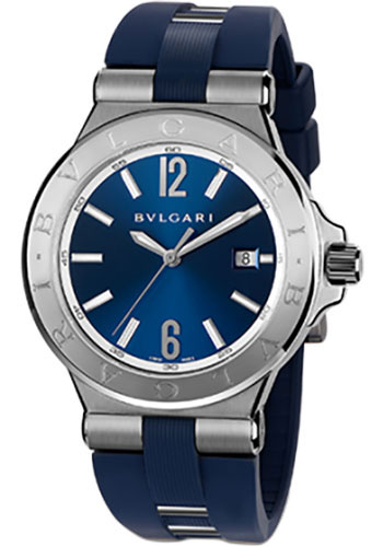 Bvlgari Diagono Watch - 42 mm Stainless Steel Case - Blue Dial - Blue Rubber And Steel Strap