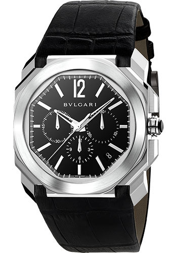 Bvlgari Octo Chronograph Watch - 41 mm Stainless Steel Case - Black Dial - Black Alligator Strap