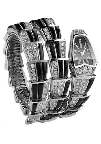 Bvlgari Serpenti Watch - 26 mm White Gold Case - Black Dial - White Gold And Black Enamel Double Twirl Diamond Scaglie Bracelet