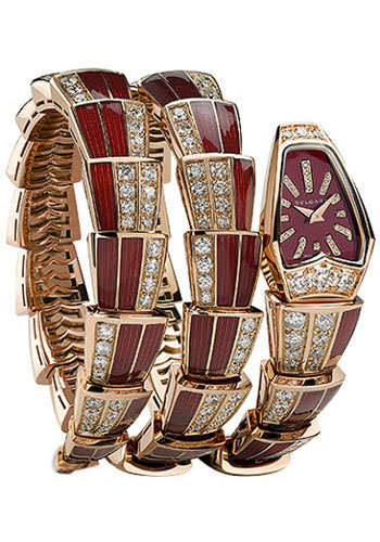Bvlgari Serpenti Watch - 26 mm Pink Gold Case - Red Dial - Pink Gold And Red Enamel Double Twirl Diamond  Scaglie Bracelet