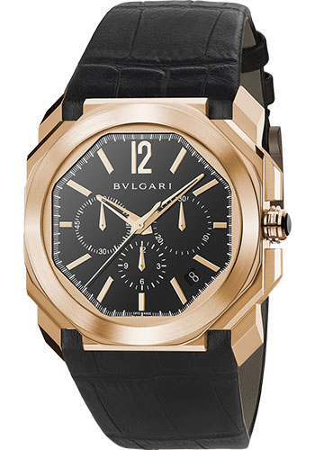 Bvlgari Octo Chronograph Watch - 41 mm Rose Gold Case - Black Dial - Black Alligator Strap
