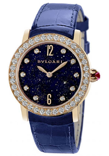 Bvlgari Bulgari Bulgari Watch - 33 mm Pink Gold Case - Diamond Bezel - Blue Dial - Blue Alligator Strap