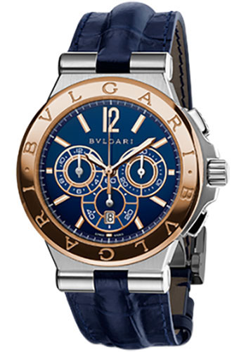 Bvlgari Diagono Chronograph Watch - 42 mm Stainless Steel Case - Pink Gold Bezel - Blue Dial - Blue Alligator Strap