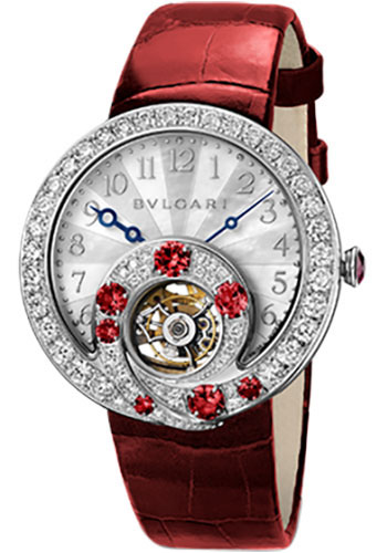 Bvlgari Berries Watch - 40 mm White Gold Case - Diamond And Ruby Bezel - White Mother-Of-Pearl Dial - Red Leather Strap