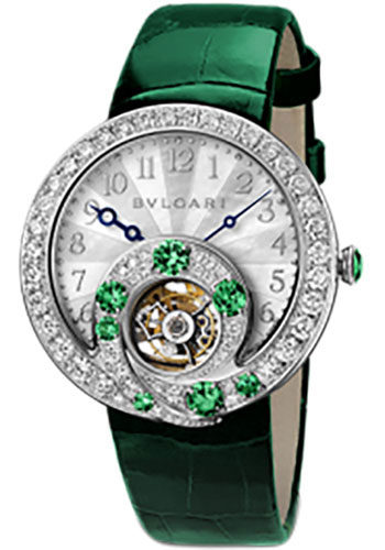 Bvlgari Berries Watch - 40 mm White Gold Case - Diamond And Emerald Bezel - White Mother-Of-Pearl Dial - Green Leather Strap