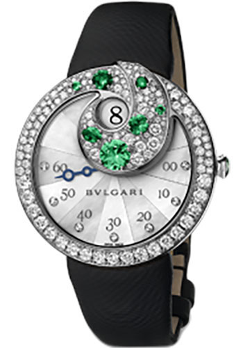 Bvlgari Berries Watch - 40 mm White Gold Case - Diamond And Emerald Bezel - White Mother-Of-Pearl Dial - Black Satin Strap