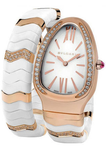 Bvlgari Serpenti Watch - 35 mm Pink Gold Case - Diamond Bezel - White Dial - Ceramic And Pink Gold Bracelet