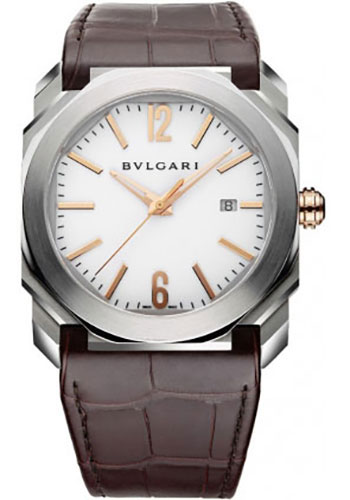 Bvlgari Octo Watch - 41.5 x 47.4 mm Stainless Steel Case - White Dial - Brown Alligator Strap