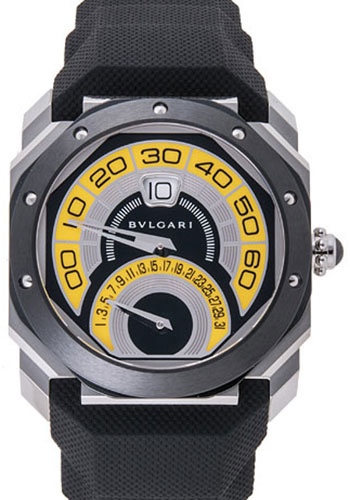 Bvlgari Octo Chronograph Watch - 42.5 x 48.5 mm Stainless Steel Case - Yellow Dial - Black Rubber Strap