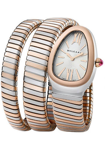 Bvlgari Serpenti Watch - 35 mm Steel And Pink Gold Case - Silver Dial - Steel And Pink Gold Double Twirl Bracelet
