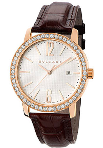 Bvlgari Bulgari Solo Tempo Watch - 40 mm Pink Gold Case - Diamond Bezel - White Dial - Brown Alligator Strap