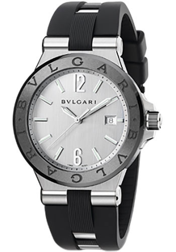 Bvlgari Diagono Watch - 42 mm Stainless Steel Case - Black Ceramic Bezel - Silver Dial - Black Rubber And Steel Strap