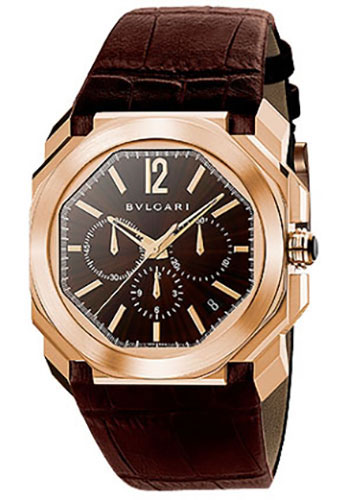 Bvlgari Octo Chronograph Watch - 41.5 x 47.4 mm Pink Gold Case - Brown Dial - Brown Alligator Strap