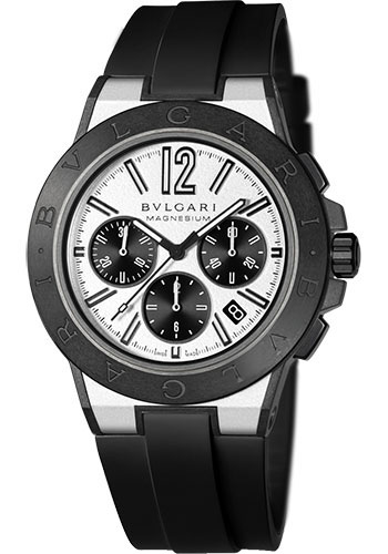 Bvlgari Diagono Chronograph Magnesium Watch - 42 mm Magnesium Case - Ceramic Bezel - White Dial - Rubber Strap