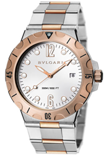 Bvlgari Diagono Scuba Pro Watch - 41 mm Steel And Gold Case - Silver Opalin Dial - Pink Gold Bracelet