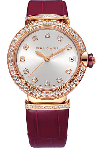 Bvlgari Lvcea Watch - 33 mm Rose Gold And Diamond Case - Silver Dial - Bordeaux Alligator Strap