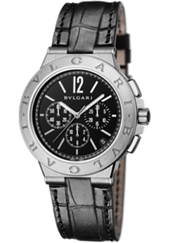Bvlgari Diagono Velocissimo Chronograph Watch - 41 mm Stainless Steel Case - Black Dial - Alligator Strap