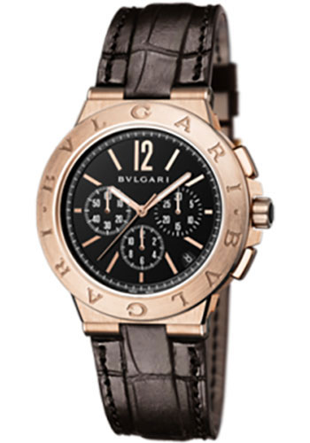 Bvlgari Diagono Velocissimo Chronograph Watch - 41 mm Pink Gold Case - Black Dial - Alligator Strap