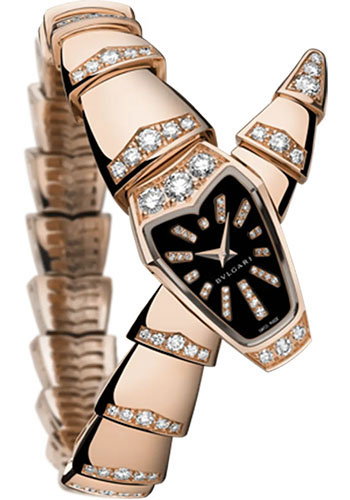 Bvlgari Serpenti Jewelry Watch - 26 mm Pink Gold Case - Black Sapphire Crystal Dial - Pink Gold Single Twirl Diamond Scaglie Bracelet