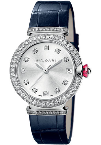 Bvlgari Lvcea Watch - 33 mm White Gold Case - Silver Dial - Blue Alligator Strap