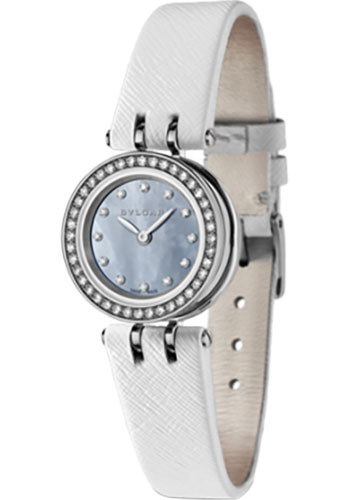 Bvlgari B.zero1 Watch - 23 mm Stainless Steel Case - Diamond Bezel - Blue Mother-Of-Pearl Dial - White Veal Strap
