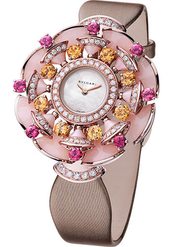 Bvlgari Divas' Dream Watch - 39 mm Rose Gold Case - White Mother-Of-Pearl Dial - Taupe Satin Strap