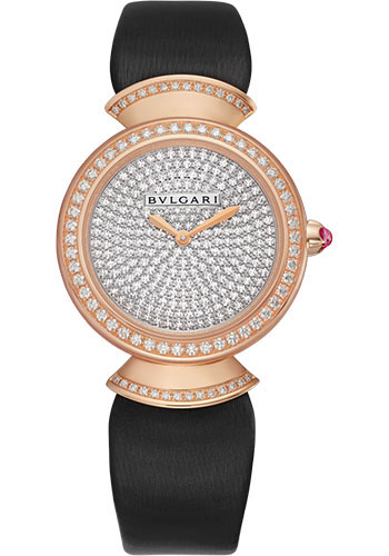 Bvlgari Divas' Dream Watch - 30 mm Rose Gold Case - Diamond-Pavé Dial - Black Satin Strap