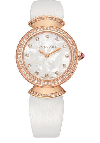 Bvlgari Divas' Dream Watch - 30 mm Rose Gold Case - Natural Acetate Dial - White Satin Strap