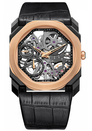 Bvlgari Octo Finissimo Watch - 40 mm Stainless Steel Case - Rose Gold Bezel - Transparent Dial - Black Alligator Strap