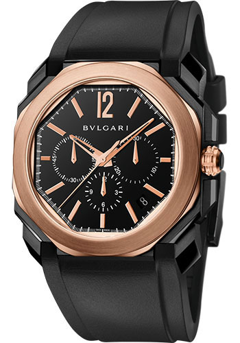 Bvlgari Octo Chronograph Velocissimo Watch - 41 mm Black Steel And Gold Case - Pink Gold Bezel - Rubber Strap