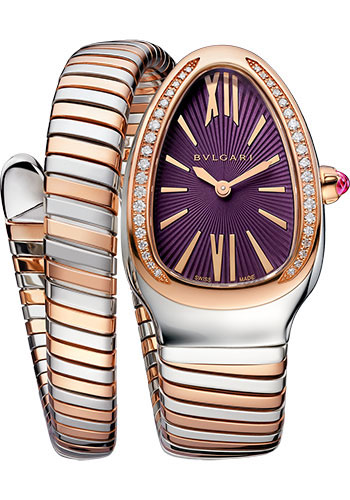 Bvlgari Serpenti Tubogas Watch - 35 mm Stainless Steel Case - Rose Gold Diamond Bezel - Violet Dial - Tubogas Single Spiral Steel And Gold Bracelet