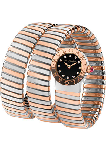Bvlgari Bvlgari Bvlgari Tubogas Watch - 19 mm Steel And Rose Gold Case - Black Dial - Double Spiral Steel And Gold Bracelet