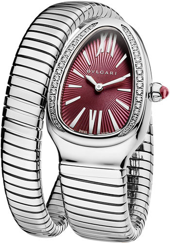 Bvlgari Serpenti Tubogas Watch - 35 mm Stainless Steel Case - Diamond Bezel - Violet Dial - Single-Spiral Steel Bracelet