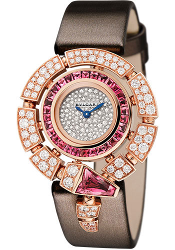 Bvlgari Serpenti Incantati Watch - 30 mm Rose Gold Case - Snow-Pavé Diamond Dial - Brown Satin Strap