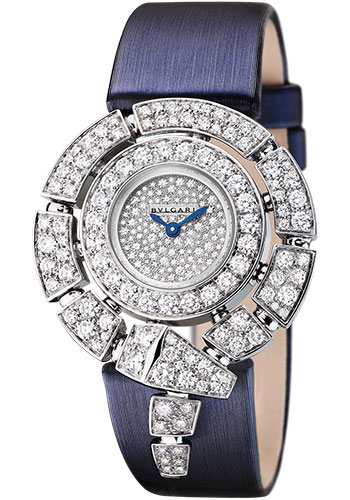 Bvlgari Serpenti Watch - 30 mm White Gold Case - Snow-Pavé Diamond Dial - Blue Satin Strap