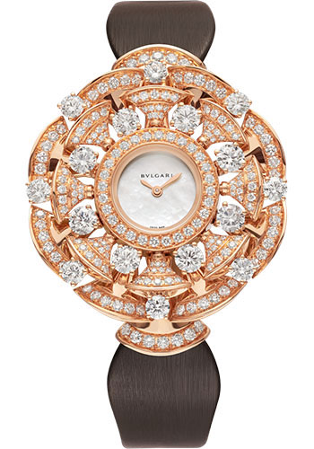 Bvlgari Divas' Dream Watch - 39 mm Rose Gold Case - White Mother-Of-Pearl Dial - Brown Satin Strap