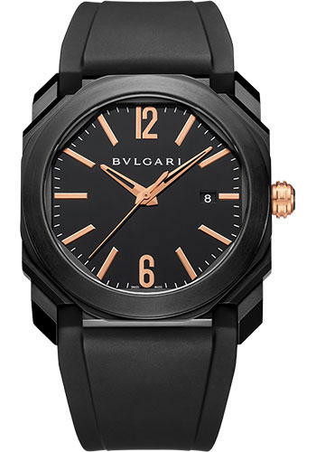 Bvlgari Octo Watch - 41 mm Black Steel Case - Black Pink Index Dial - Black Rubber Strap