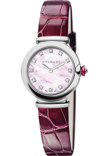 Bvlgari Lvcea Watch - 28 mm Stainless Steel Case - Pink Mother-Of-Pearl Diamond Dial - Burgundy Alligator Strap