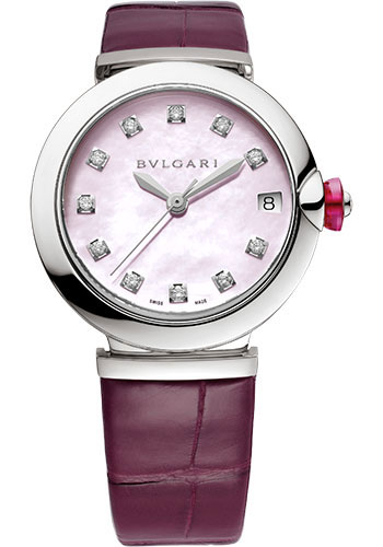 Bvlgari Lvcea Watch - 33 mm Stainless Steel Case - Pink Mother-Of-Pearl Diamond Dial - Burgundy Alligator Strap