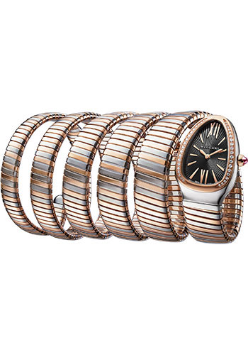 Bvlgari Serpenti Tubogas Watch - 35 mm Stainless Steel Case - Rose Gold Diamond Bezel - Black Dial - Tubogas Five-Spiral Steel And Gold Bracelet