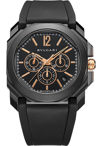Bvlgari Octo Chronograph Watch - 41 mm Black Steel Case - Black And Pink GoldDial - Black Rubber Strap